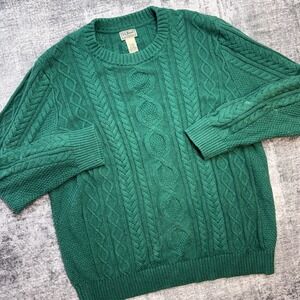 LL Bean Sweater Mens 2XLT Green Heritage Soft Cotton Fisherman Cable Knit Crew‎